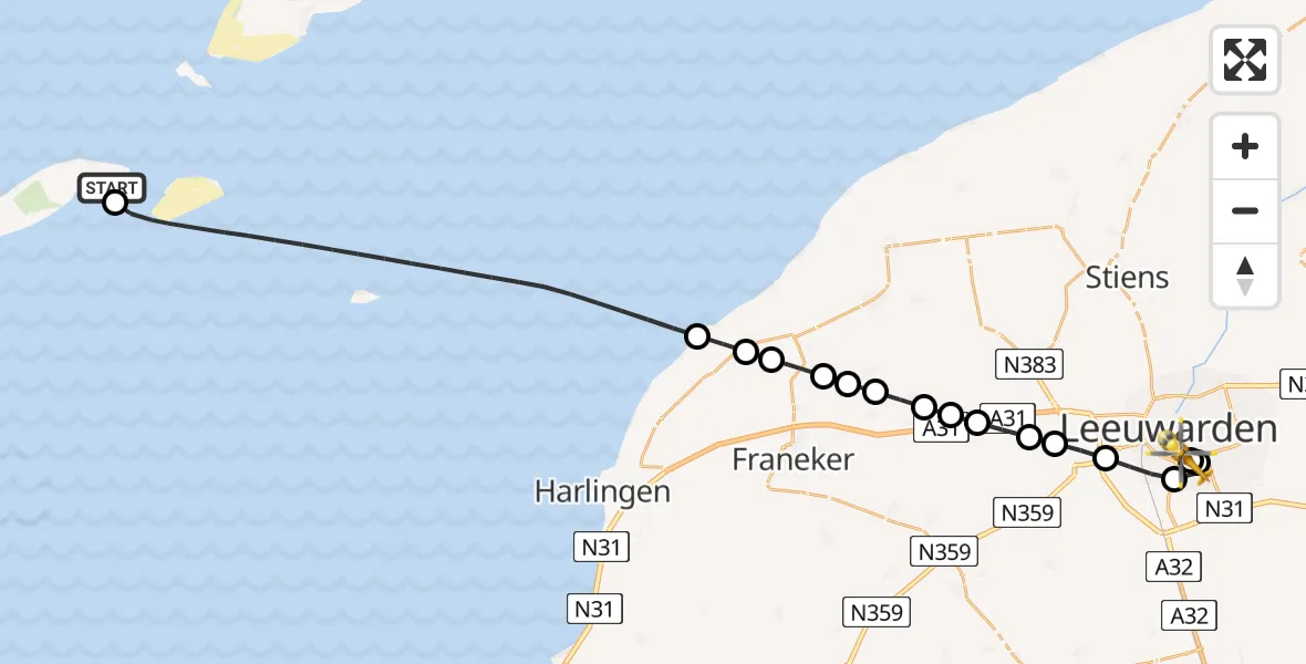 Vluchtroute Ambulancehelikopter van Vlieland Heliport naar Leeuwarden Medical Center Heliport