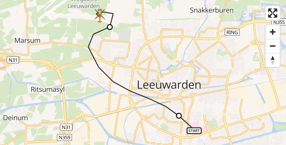 Vluchtroute Ambulancehelikopter van Leeuwarden Medical Center Heliport naar Vliegbasis Leeuwarden