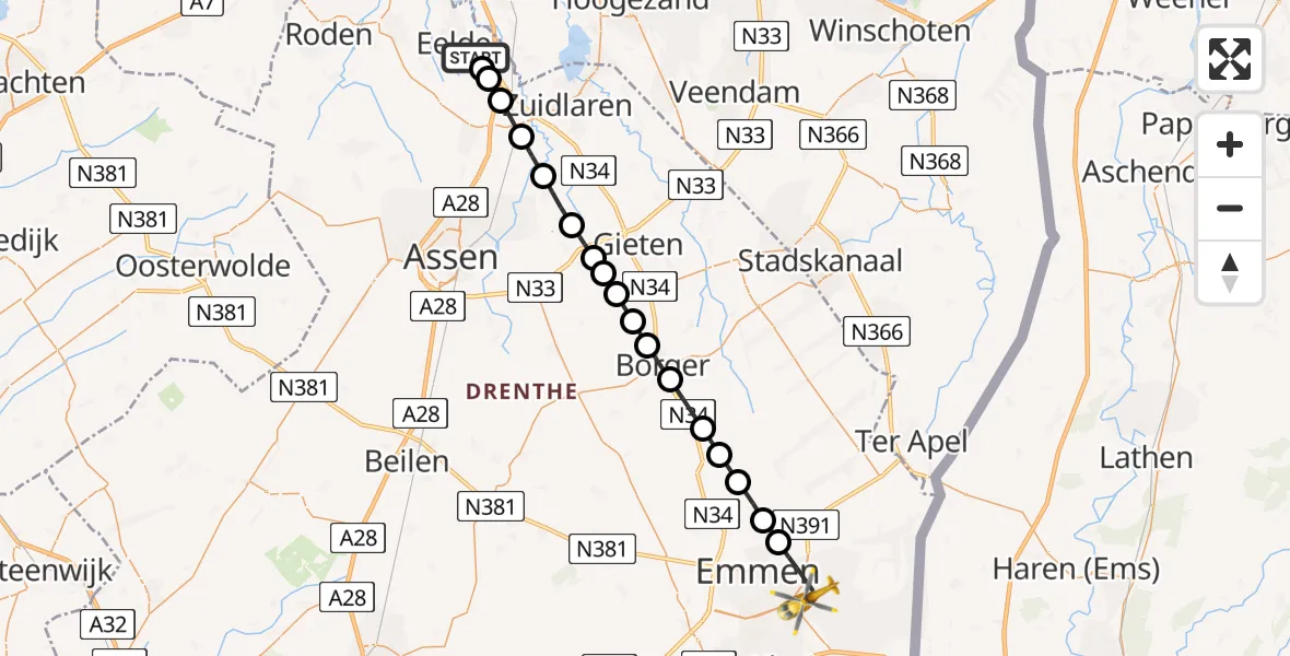 Vluchtroute Traumahelikopter van Groningen Airport Eelde naar Emmen