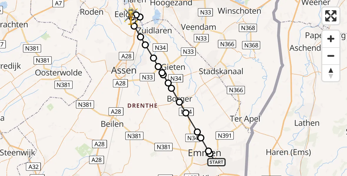 Vluchtroute Traumahelikopter van Emmen naar Groningen Airport Eelde