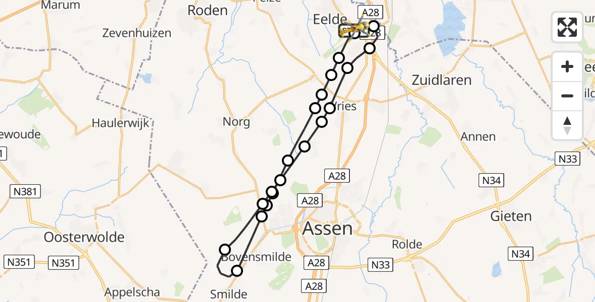 Vluchtroute Traumahelikopter van Groningen Airport Eelde naar Groningen Airport Eelde