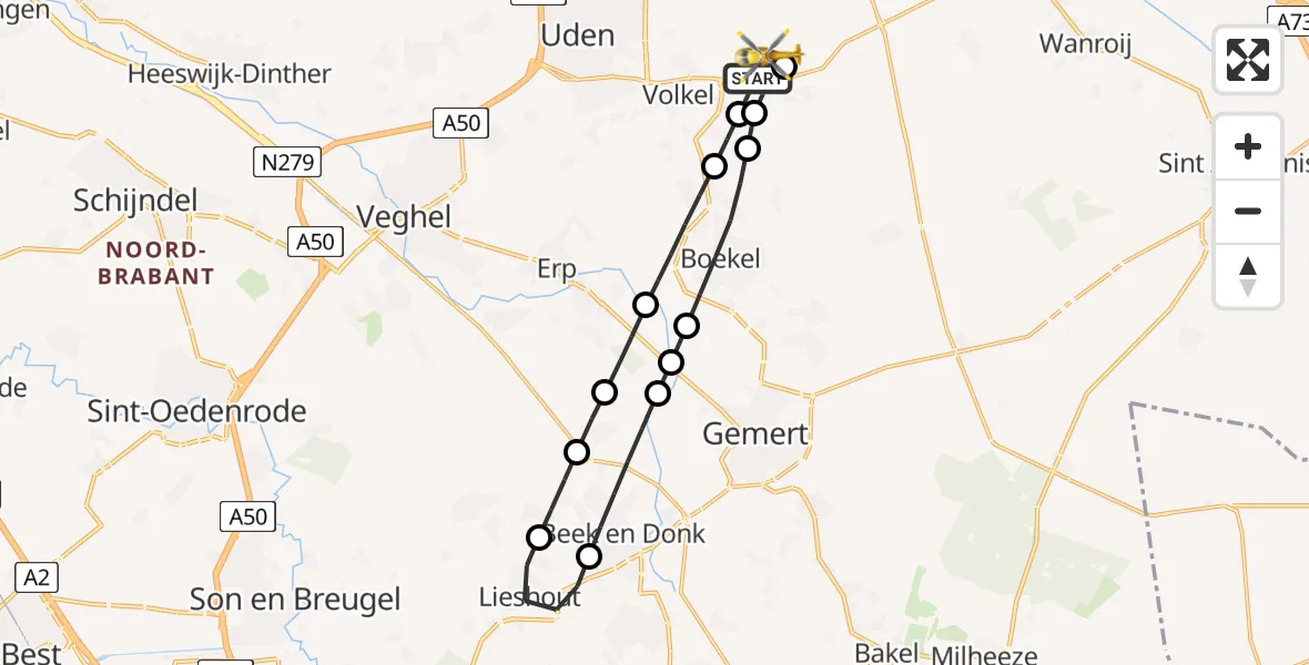 Vluchtroute Traumahelikopter van Vliegbasis Volkel naar Vliegbasis Volkel