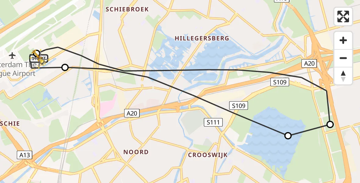 Vluchtroute Traumahelikopter van Rotterdam The Hague Airport naar Rotterdam The Hague Airport