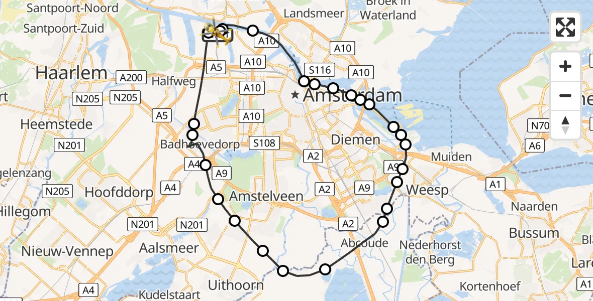 Vluchtroute Traumahelikopter van Amsterdam Heliport naar Amsterdam Heliport