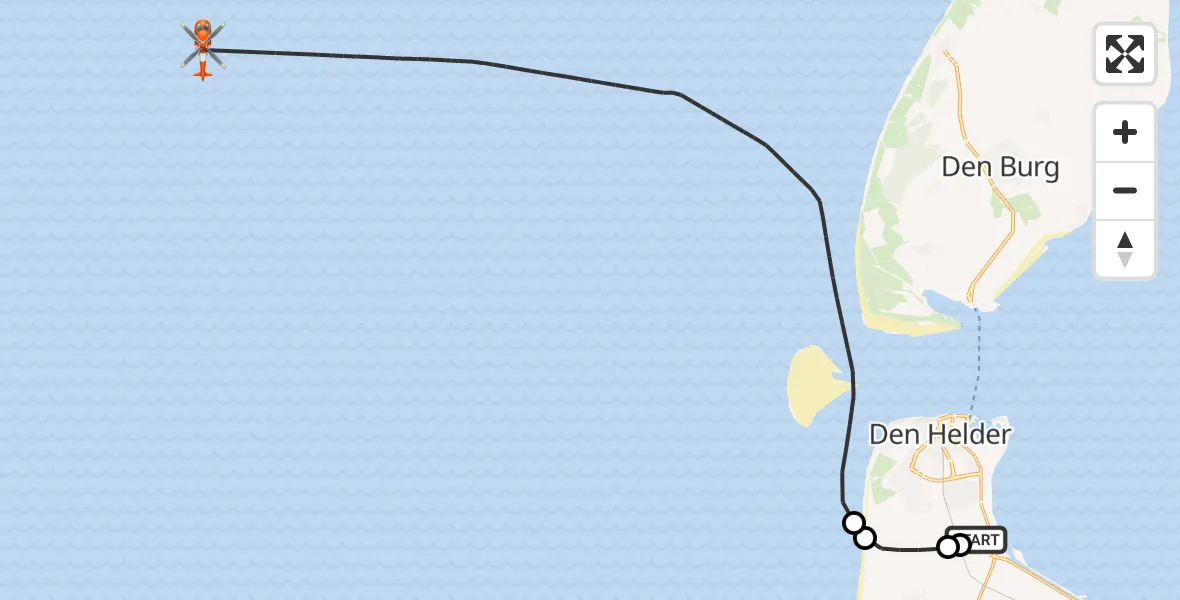 Vluchtroute Kustwachthelikopter van Militair vliegveld De Kooy / Den Helder Airport naar Noordzee