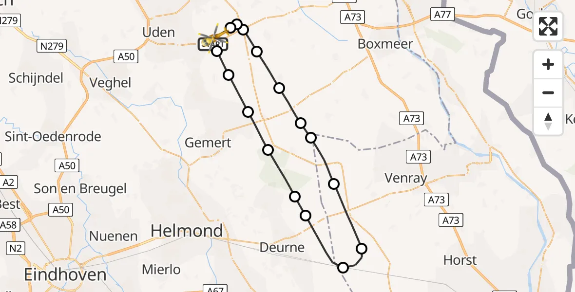 Vluchtroute Traumahelikopter van Vliegbasis Volkel naar Vliegbasis Volkel