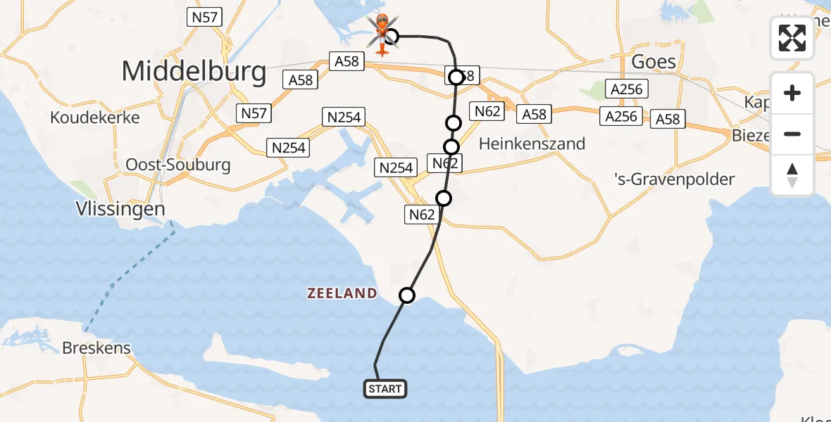Vluchtroute Kustwachthelikopter van Westerschelde naar Vliegveld Midden-Zeeland