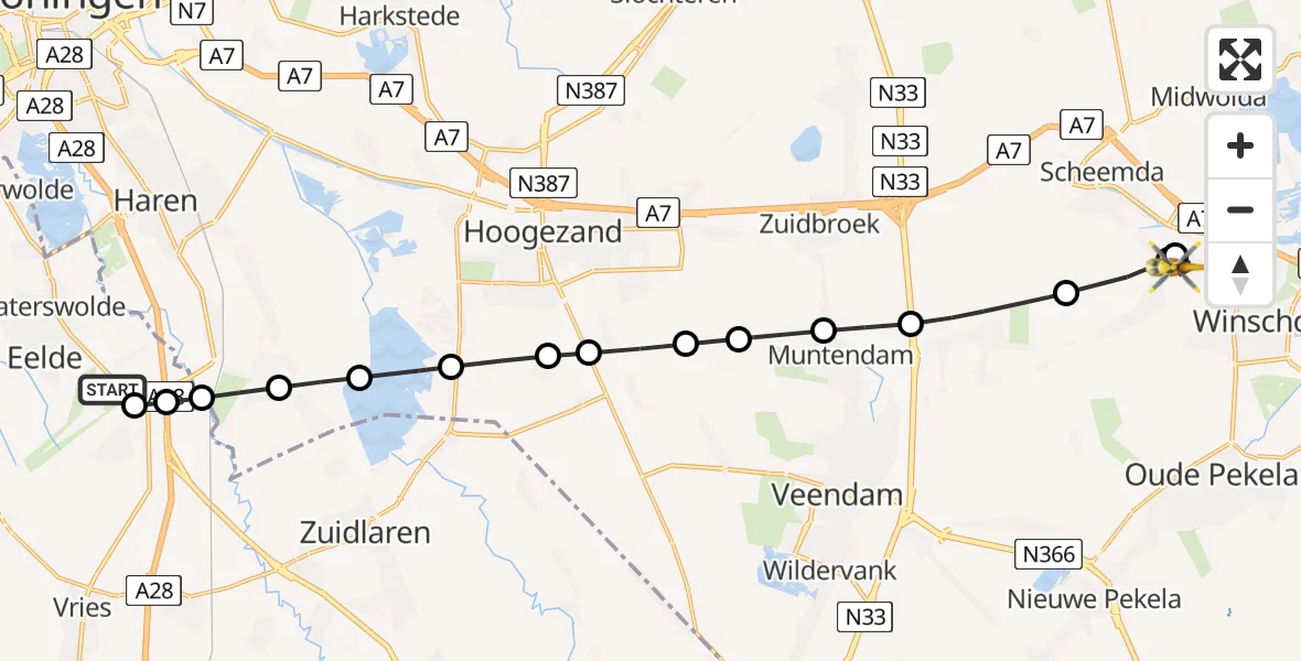 Vluchtroute Traumahelikopter van Groningen Airport Eelde naar Heiligerlee