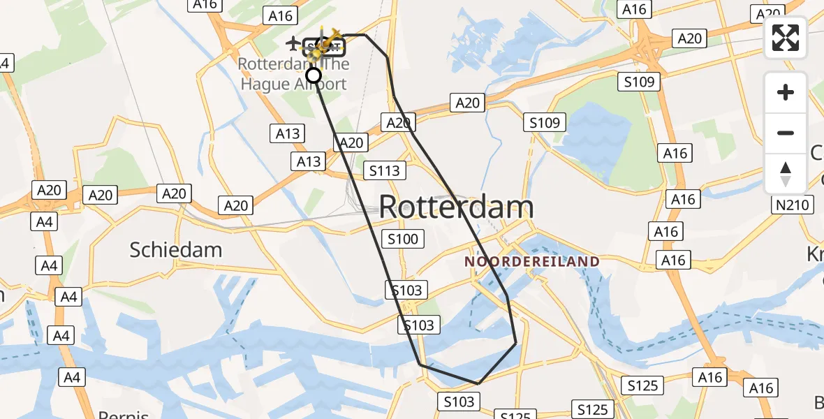 Vluchtroute Traumahelikopter van Rotterdam The Hague Airport naar Rotterdam The Hague Airport