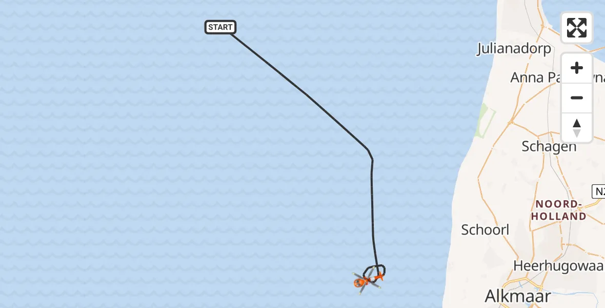 Vluchtroute Kustwachthelikopter van Noordzee naar Noordzee