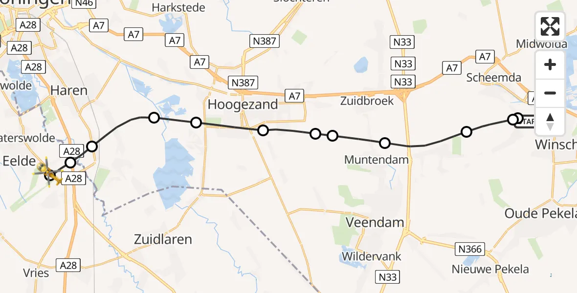 Vluchtroute Traumahelikopter van Heiligerlee naar Groningen Airport Eelde