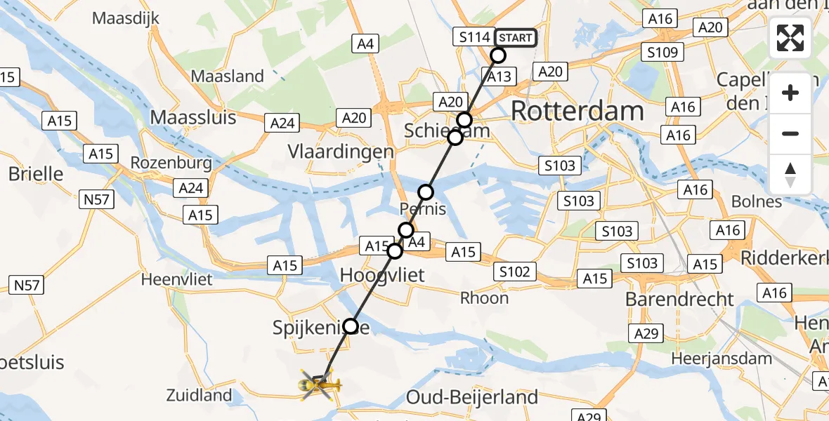 Vluchtroute Traumahelikopter van Rotterdam The Hague Airport naar Spijkenisse