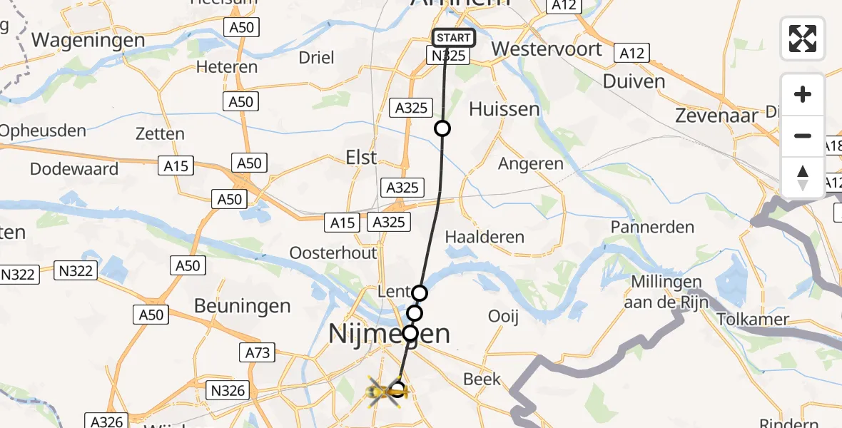 Vluchtroute Traumahelikopter van Arnhem naar Radboud University Medical Center Heliport