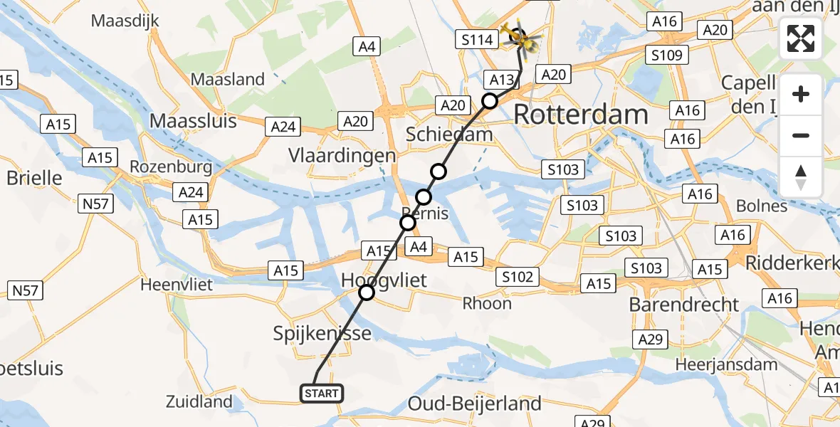 Vluchtroute Traumahelikopter van Spijkenisse naar Rotterdam The Hague Airport