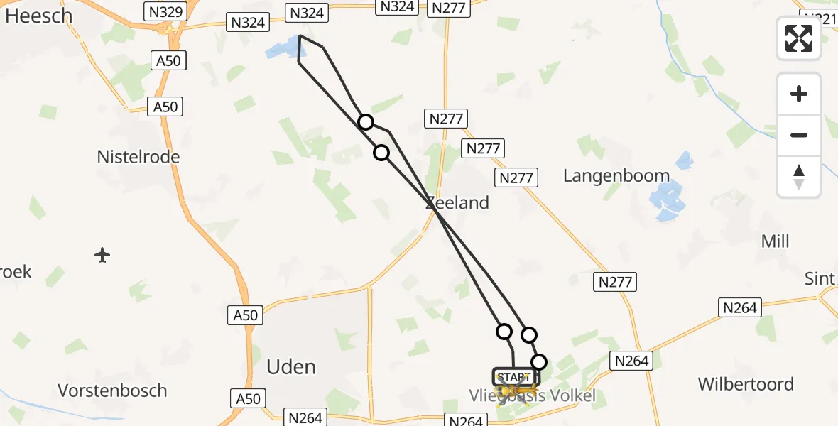 Vluchtroute Traumahelikopter van Vliegbasis Volkel naar Vliegbasis Volkel