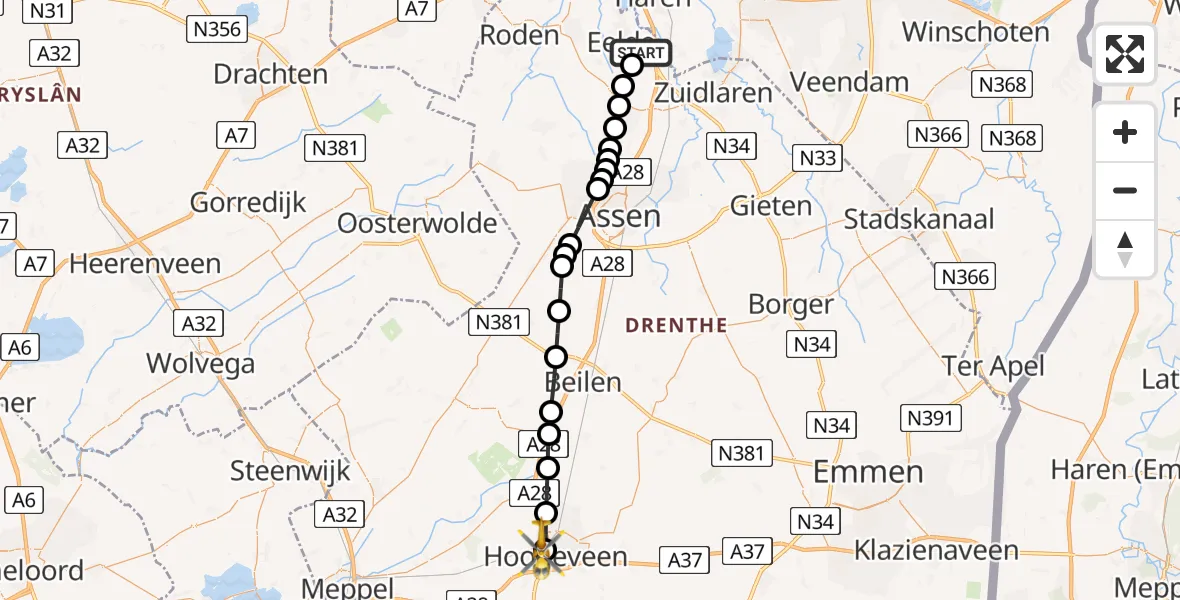 Vluchtroute Traumahelikopter van Groningen Airport Eelde naar Hoogeveen