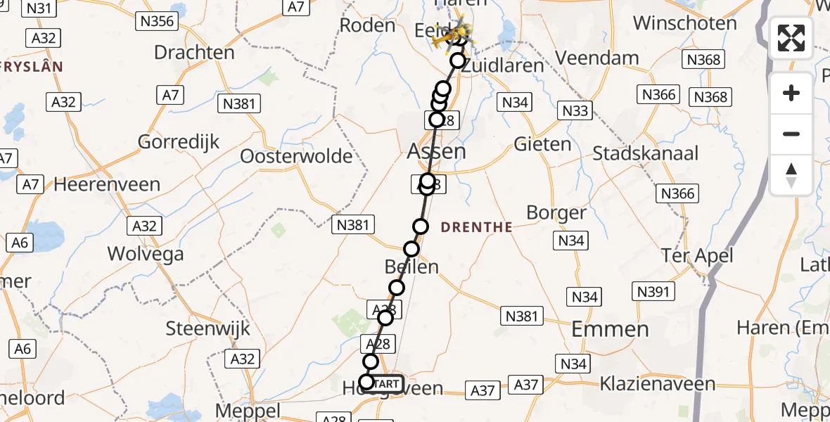 Vluchtroute Traumahelikopter van Hoogeveen naar Groningen Airport Eelde