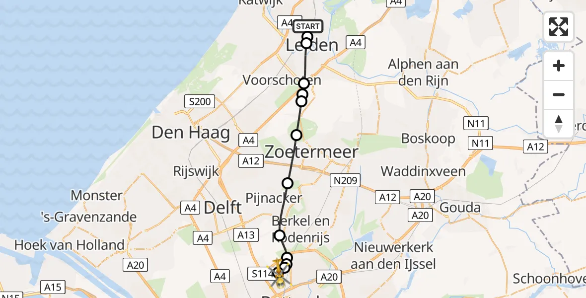 Vluchtroute Traumahelikopter van Leiden naar Rotterdam The Hague Airport