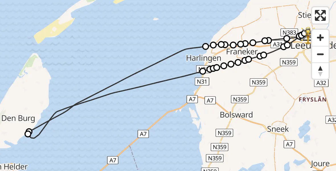 Vluchtroute Ambulancehelikopter van Vliegbasis Leeuwarden naar Vliegbasis Leeuwarden