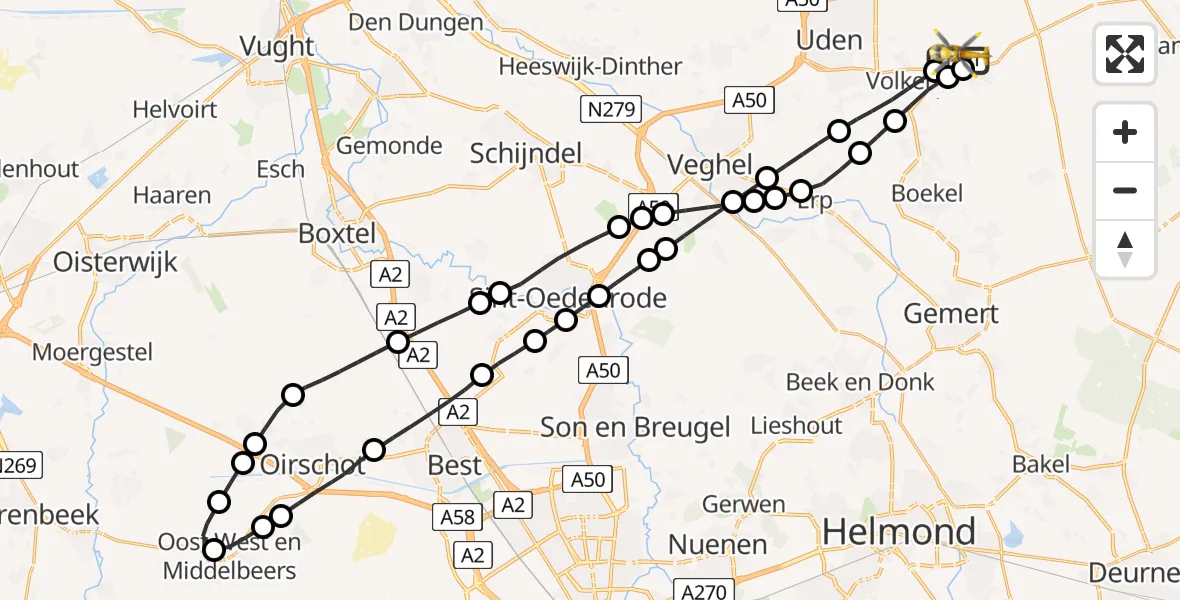 Vluchtroute Traumahelikopter van Vliegbasis Volkel naar Vliegbasis Volkel