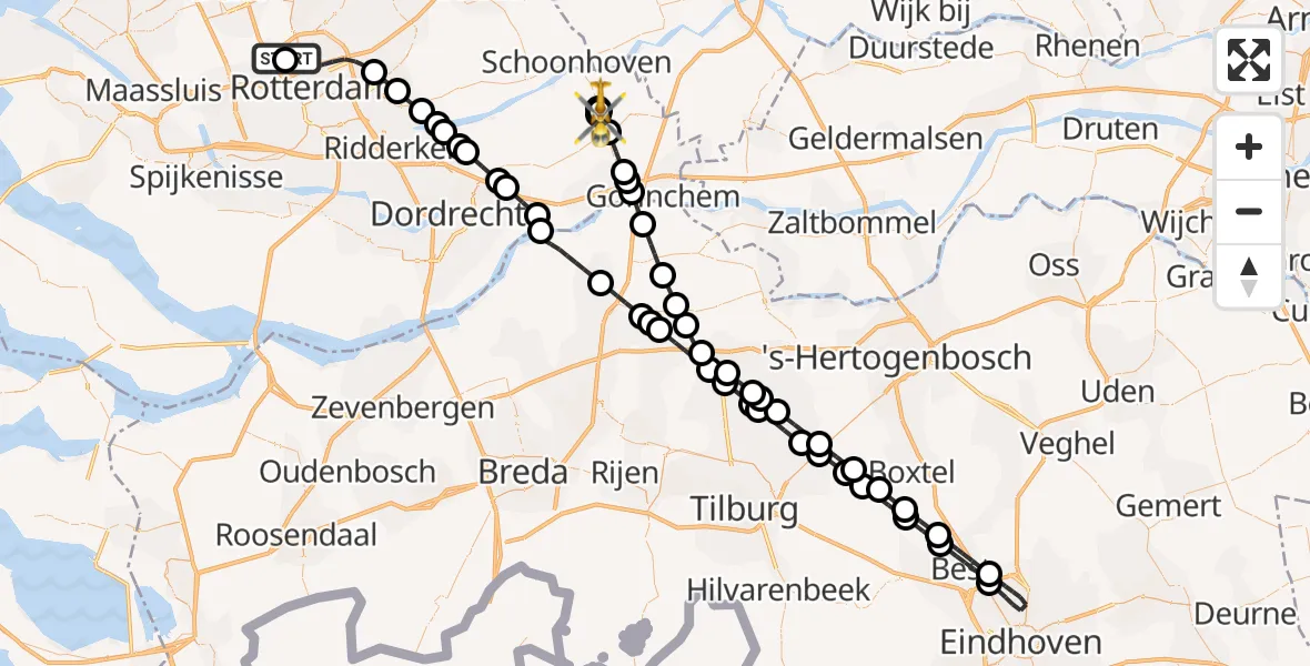 Vluchtroute Traumahelikopter van Rotterdam The Hague Airport naar Goudriaan