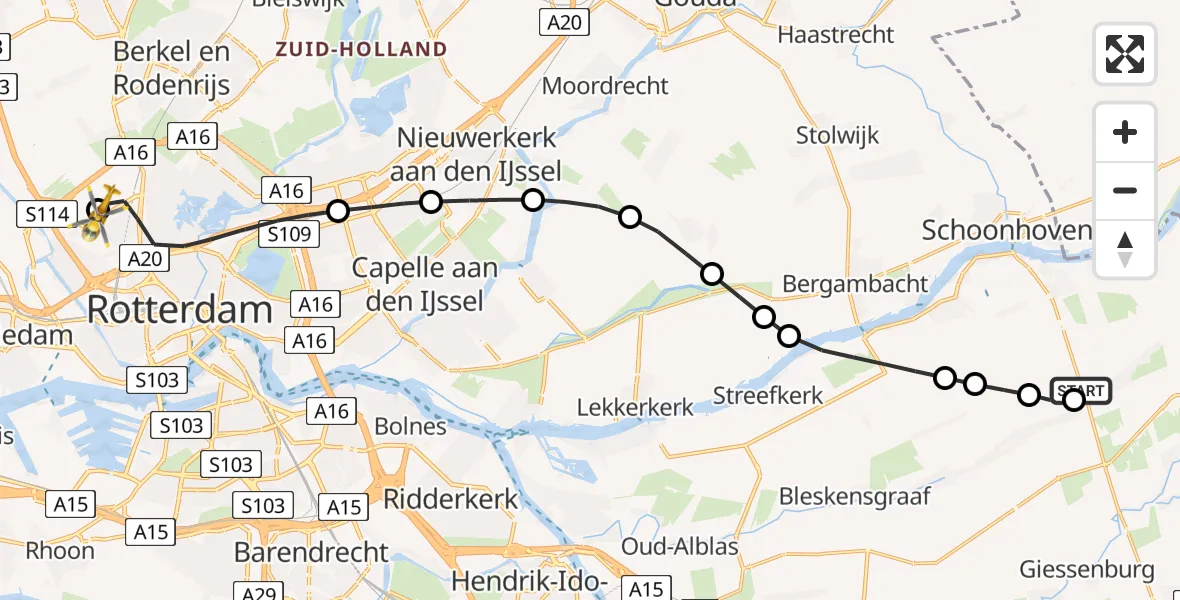 Vluchtroute Traumahelikopter van Goudriaan naar Rotterdam The Hague Airport