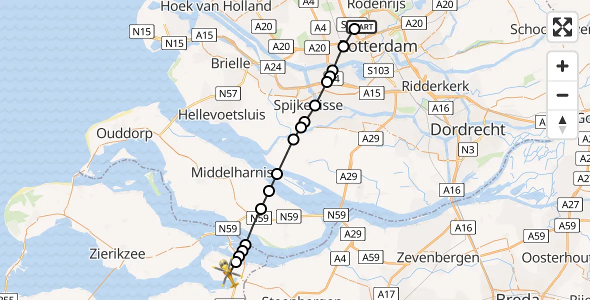 Vluchtroute Traumahelikopter van Rotterdam The Hague Airport naar Sint Philipsland