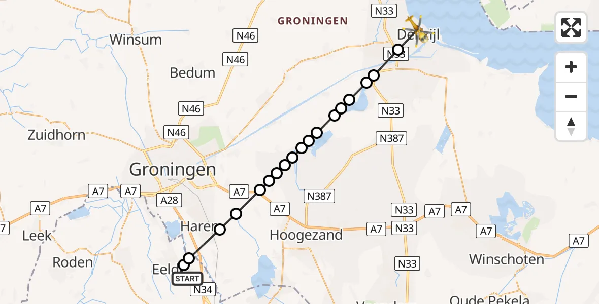 Vluchtroute Traumahelikopter van Groningen Airport Eelde naar Delfzijl