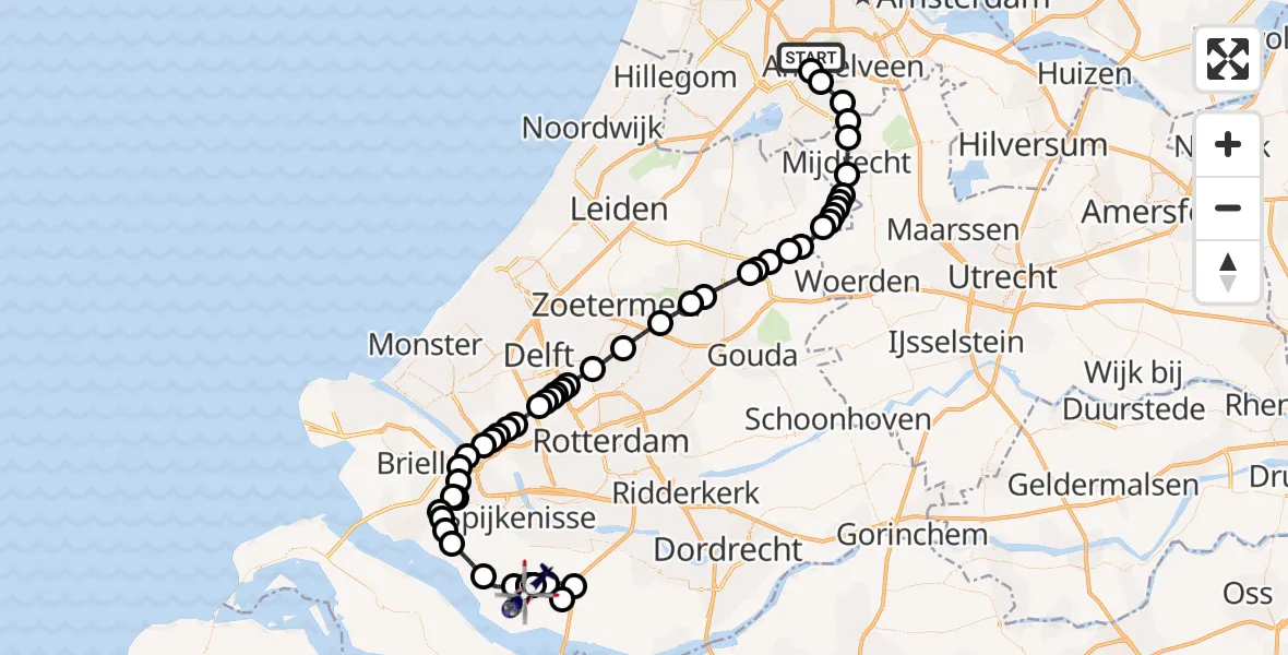 Vluchtroute Politiehelikopter van Amsterdam Vliegveld Schiphol naar Zuid-Beijerland