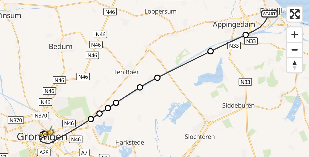 Vluchtroute Traumahelikopter van Delfzijl naar Universitair Medisch Centrum Groningen