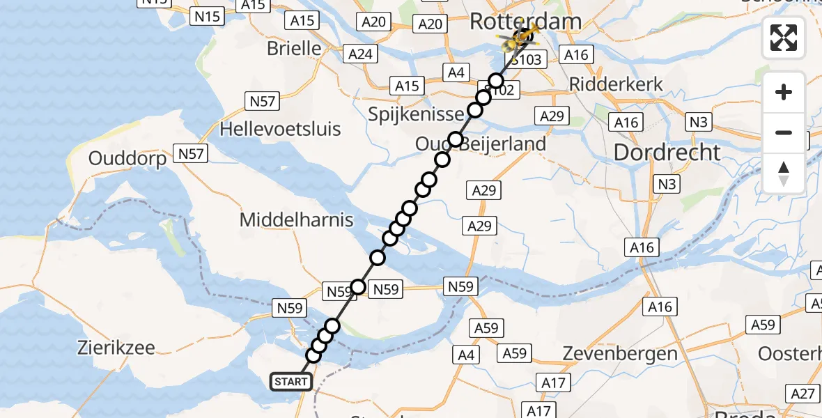 Vluchtroute Traumahelikopter van Sint Philipsland naar Leids Universitair Medisch Centrum (LUMC)