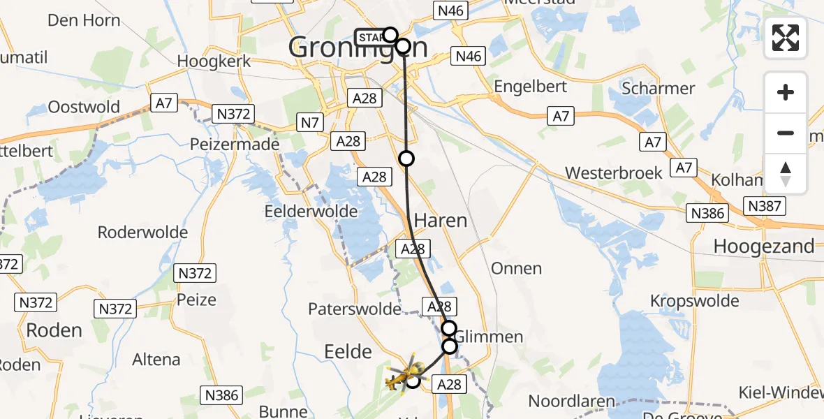 Vluchtroute Traumahelikopter van Universitair Medisch Centrum Groningen naar Groningen Airport Eelde