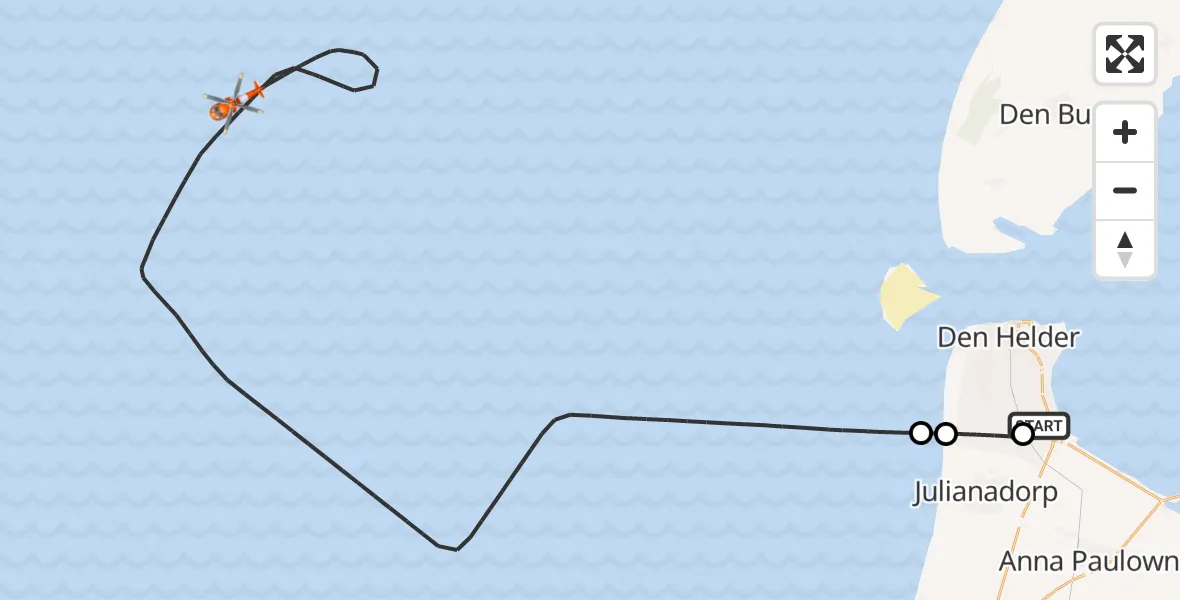 Vluchtroute Kustwachthelikopter van Militair vliegveld De Kooy / Den Helder Airport naar Noordzee