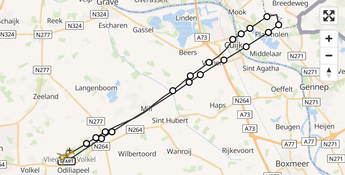 Vluchtroute Traumahelikopter van Vliegbasis Volkel naar Vliegbasis Volkel