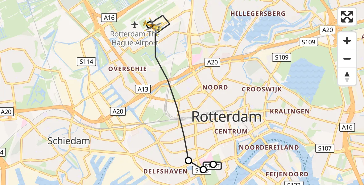 Vluchtroute Traumahelikopter van Leids Universitair Medisch Centrum (LUMC) naar Rotterdam The Hague Airport