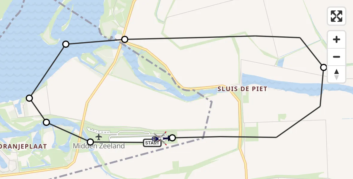 Vluchtroute Politiehelikopter van Vliegveld Midden-Zeeland naar Vliegveld Midden-Zeeland