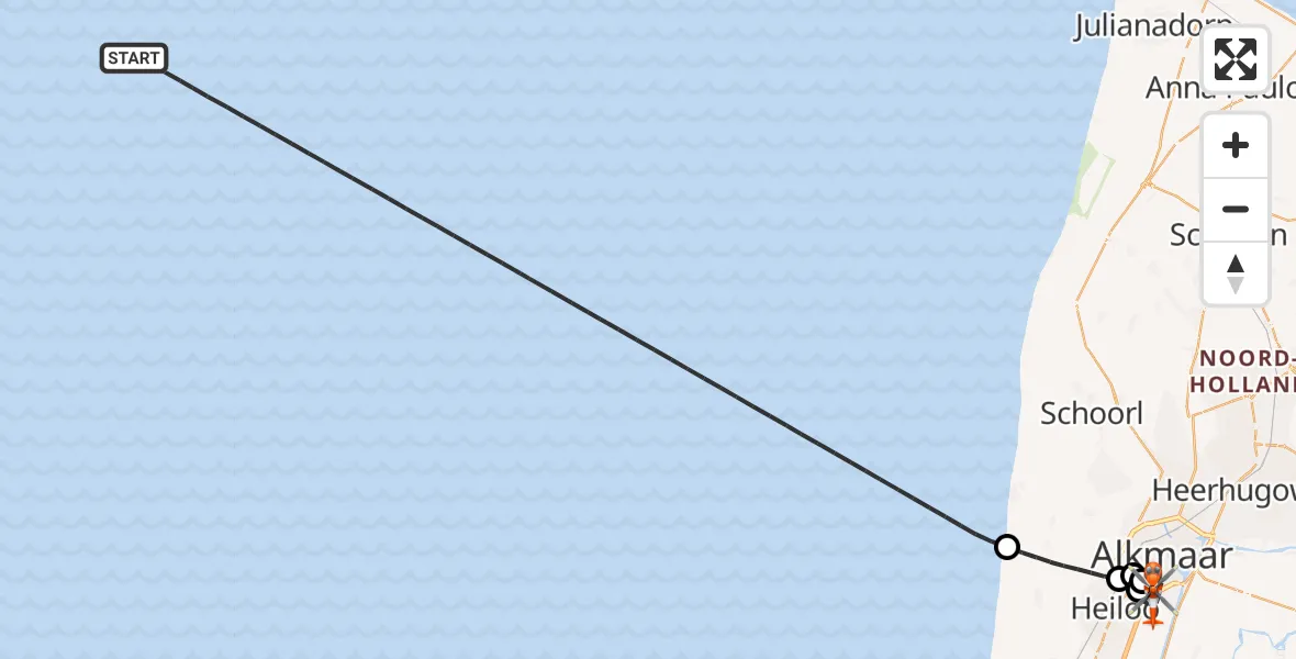 Vluchtroute Kustwachthelikopter van Noordzee naar Alkmaar