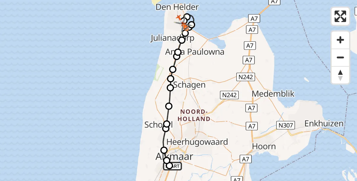 Vluchtroute Kustwachthelikopter van Alkmaar naar Militair vliegveld De Kooy / Den Helder Airport