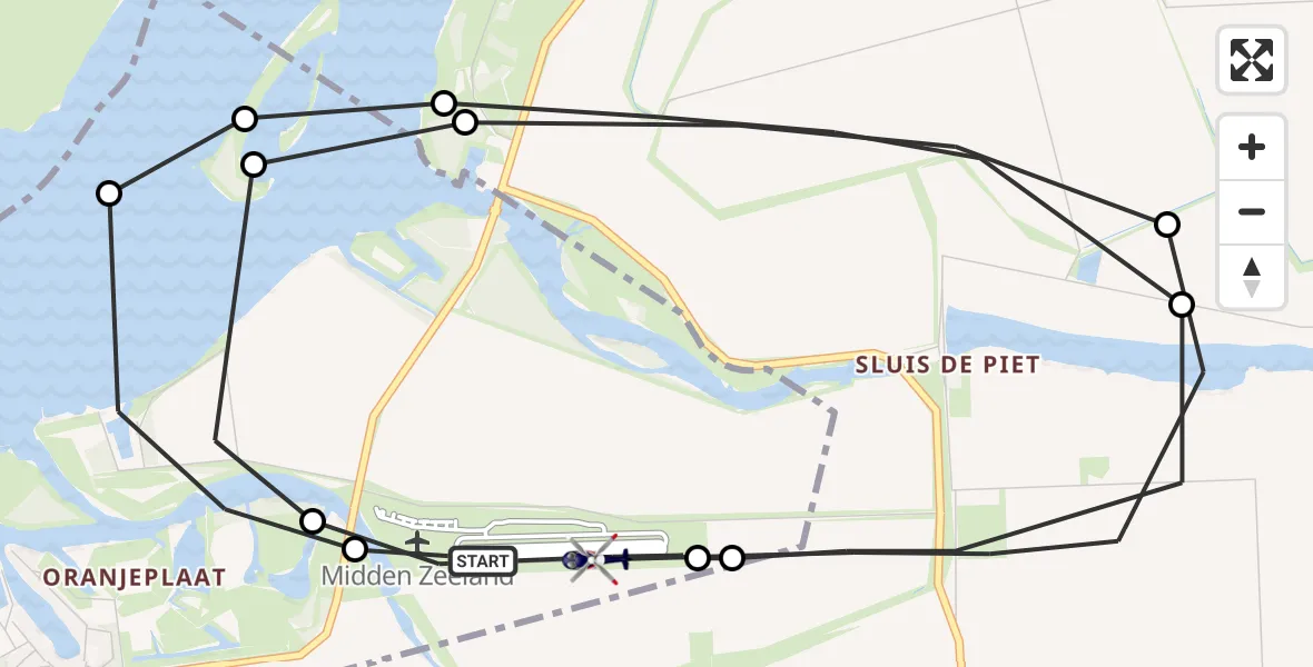 Vluchtroute Politiehelikopter van Vliegveld Midden-Zeeland naar Vliegveld Midden-Zeeland