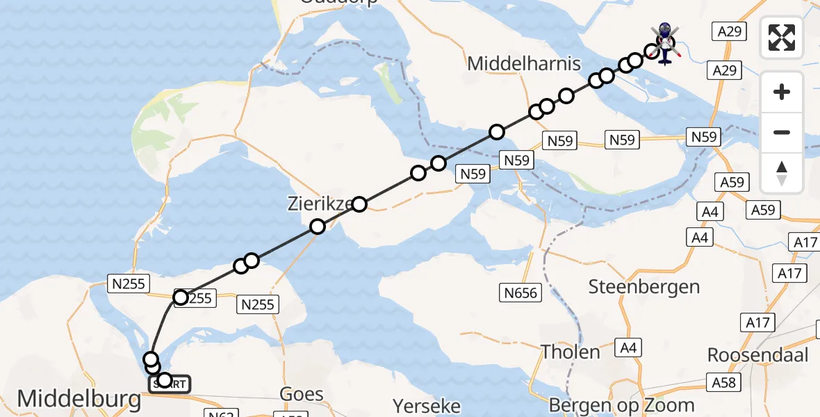 Vluchtroute Politiehelikopter van Vliegveld Midden-Zeeland naar Zuid-Beijerland