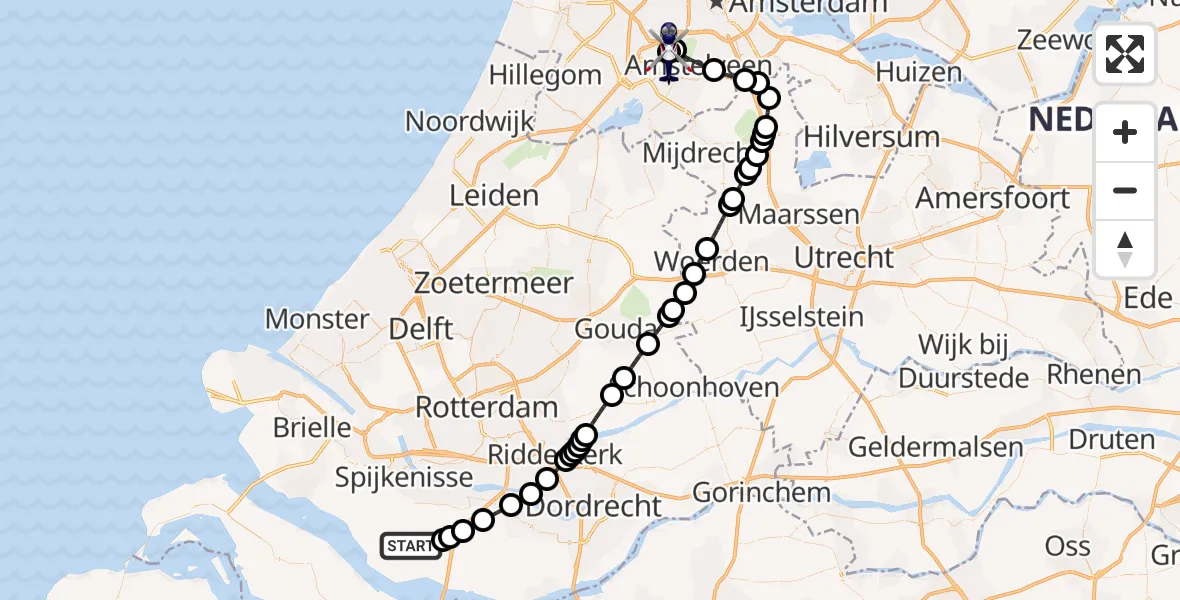 Vluchtroute Politiehelikopter van Zuid-Beijerland naar Amsterdam Vliegveld Schiphol