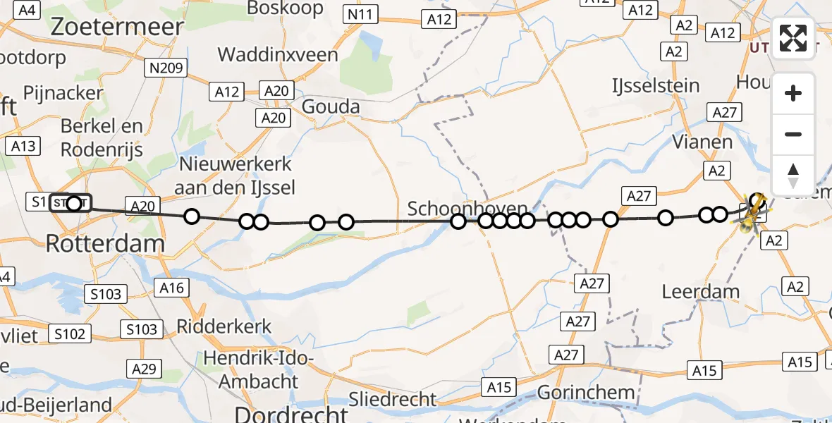 Vluchtroute Traumahelikopter van Rotterdam The Hague Airport naar Everdingen