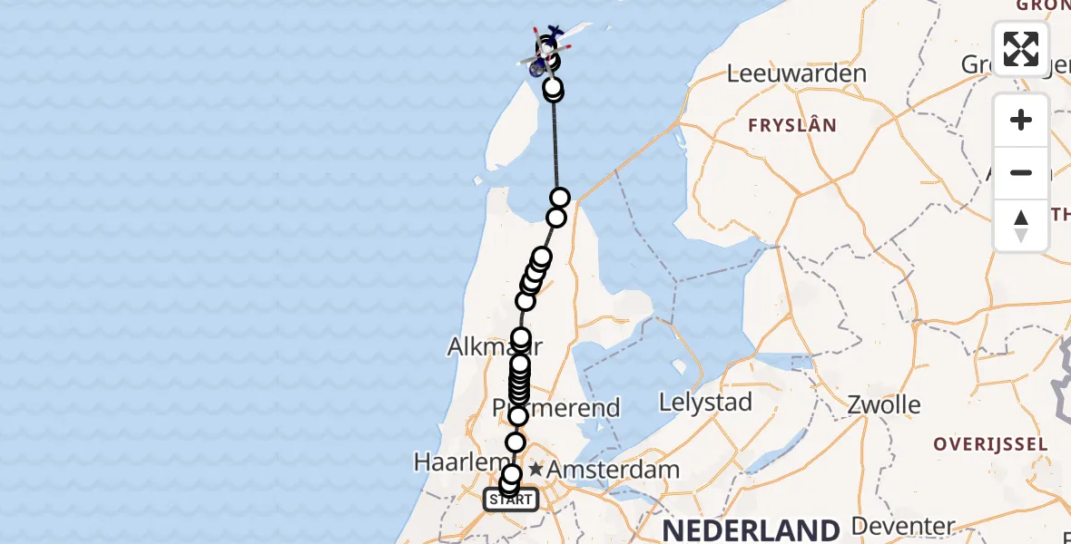 Vluchtroute Politiehelikopter van Amsterdam Vliegveld Schiphol naar Vlieland