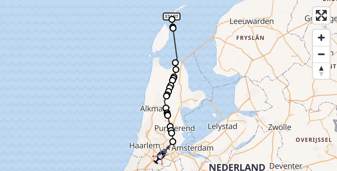 Vluchtroute Politiehelikopter van Vlieland naar Amsterdam Vliegveld Schiphol