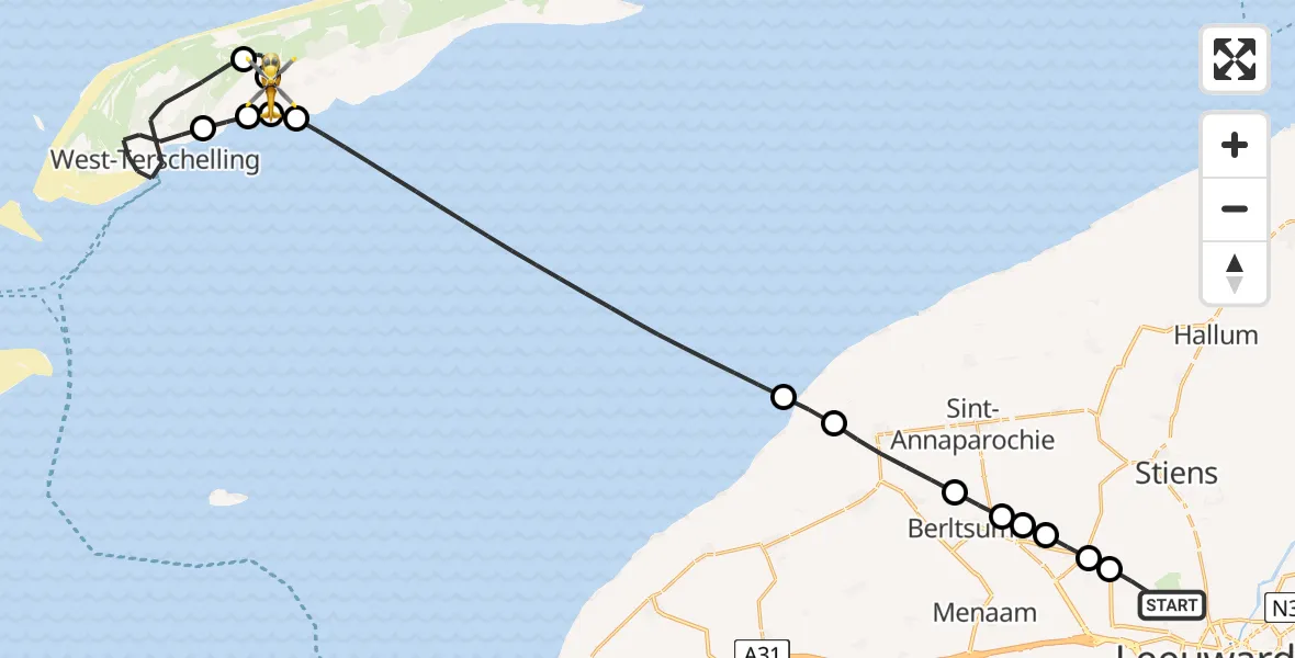 Vluchtroute Ambulancehelikopter van Vliegbasis Leeuwarden naar Terschelling Heliport