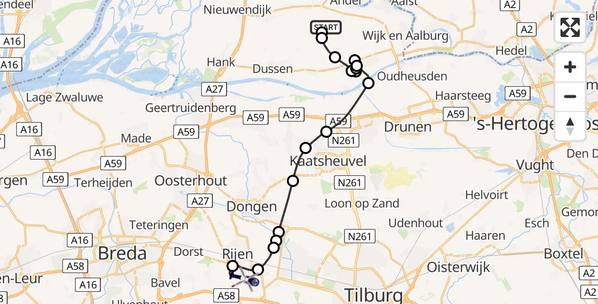 Vluchtroute Politiehelikopter van Babyloniënbroek naar Vliegbasis Gilze Rijen
