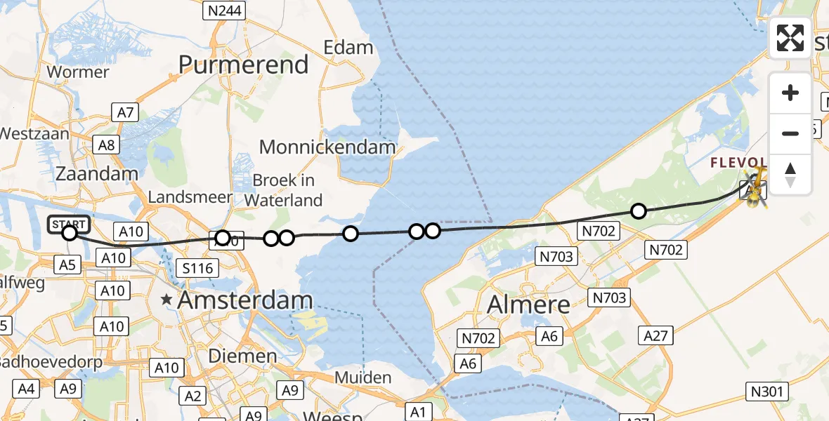 Vluchtroute Traumahelikopter van Amsterdam Heliport naar Lelystad
