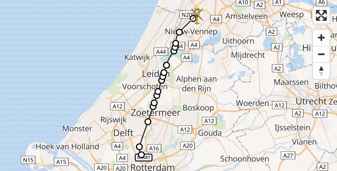 Vluchtroute Traumahelikopter van Rotterdam The Hague Airport naar Hoofddorp