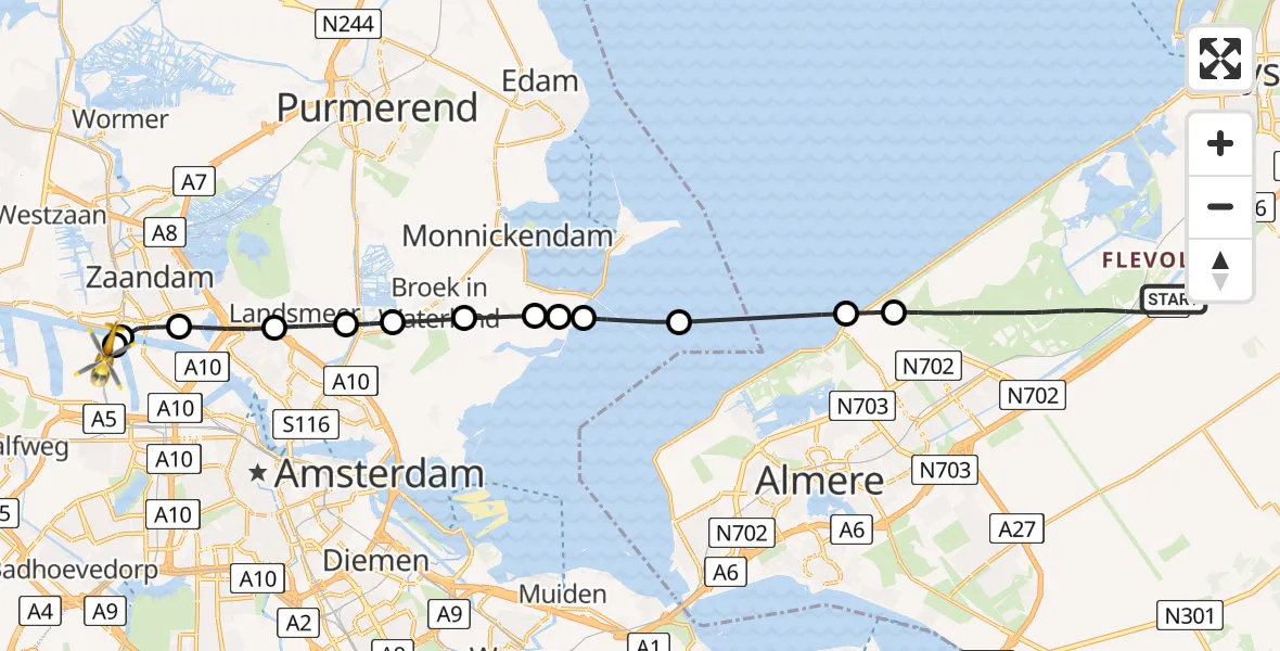 Vluchtroute Traumahelikopter van Lelystad naar Amsterdam Heliport