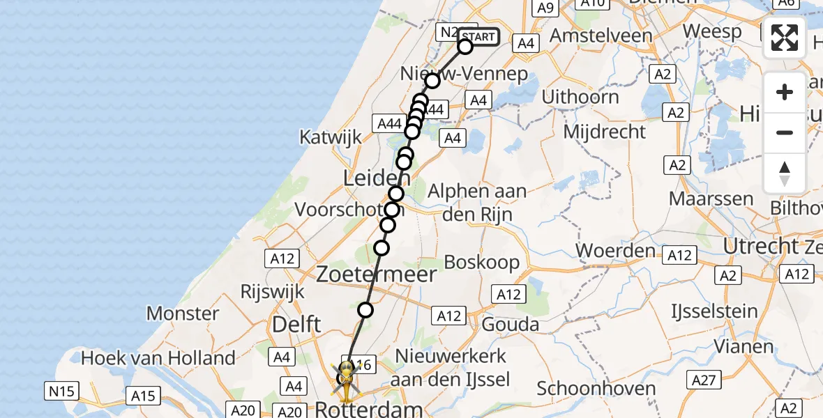 Vluchtroute Traumahelikopter van Hoofddorp naar Rotterdam The Hague Airport